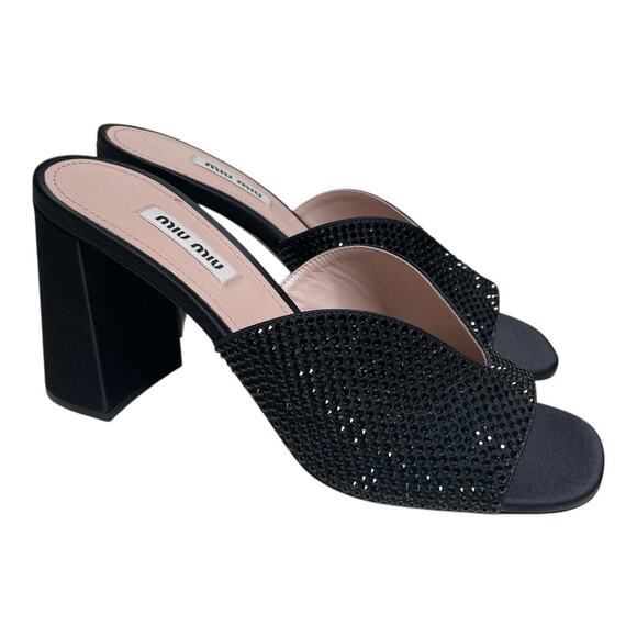 Miu Miu Shoes - Miu Miu Black Crystal Embellished High Block Mule Heels Size 38 EU 8 US